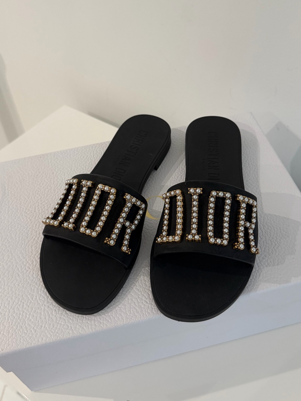 Dior Black Crystal Logo Slide Mules